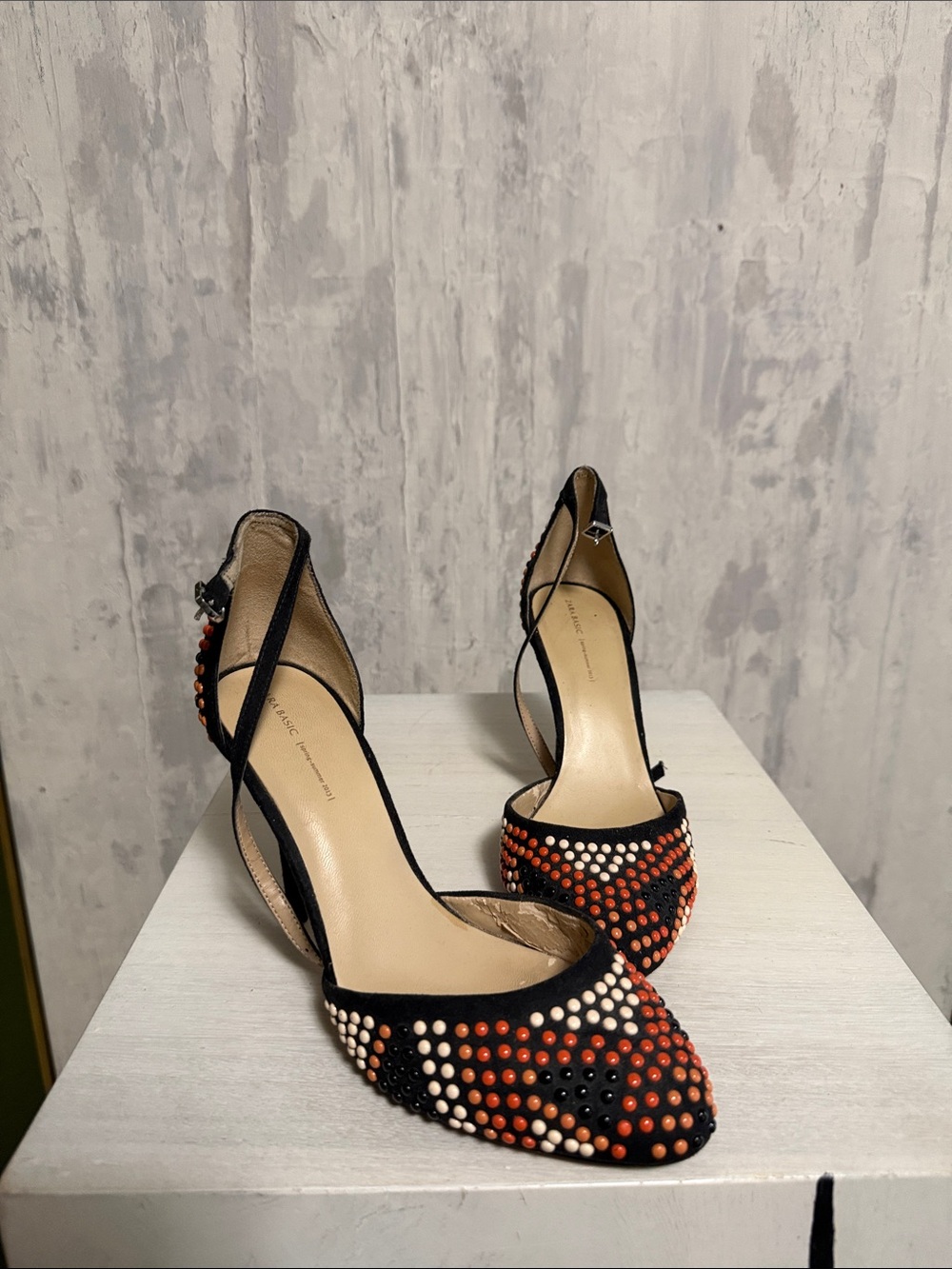 Zara Black Heels with Red and Cream Stud Details